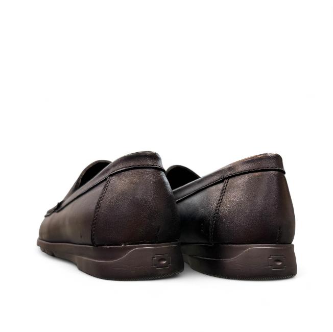 Sina Footwear Vanak dark brown leather loafers featuring handmade stitching and a durable rubber outsole. Photo of back views.