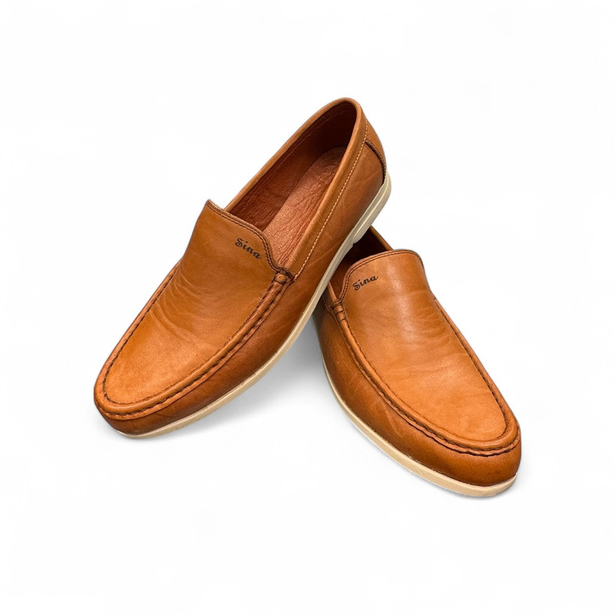 Sina Footwear Vanak light brown genuine leather loafers with handmade stitching and a durable rubber outsole. Photo of upper view.