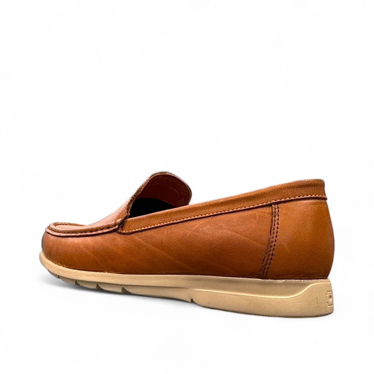Sina Footwear Vanak light brown genuine leather loafers with handmade stitching and a durable rubber outsole. Photo of back side view.