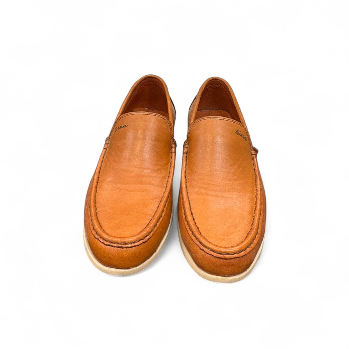 Sina Footwear Vanak light brown genuine leather loafers with handmade stitching and a durable rubber outsole. Photo of front view.