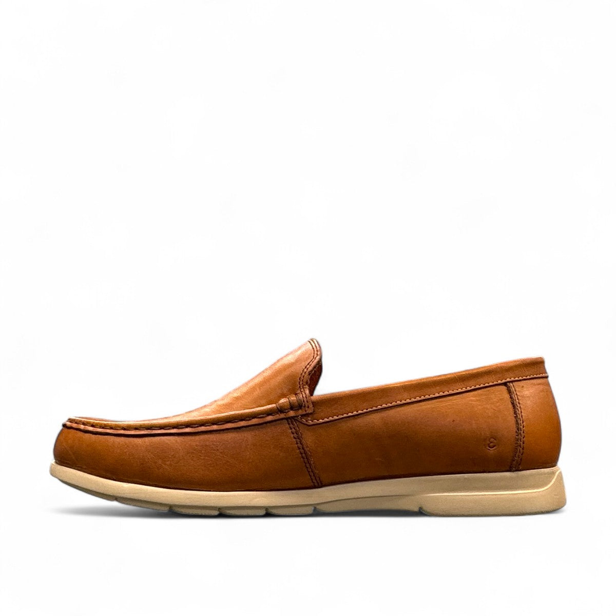 Sina Footwear Vanak light brown genuine leather loafers with handmade stitching and a durable rubber outsole. Photo of left side view.