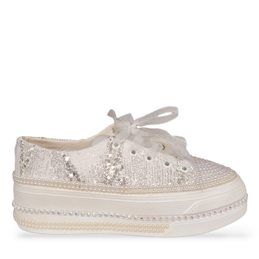 Nikpa Sports bridal platform sneaker in white with sequins, pearls, and sheer ribbon laces