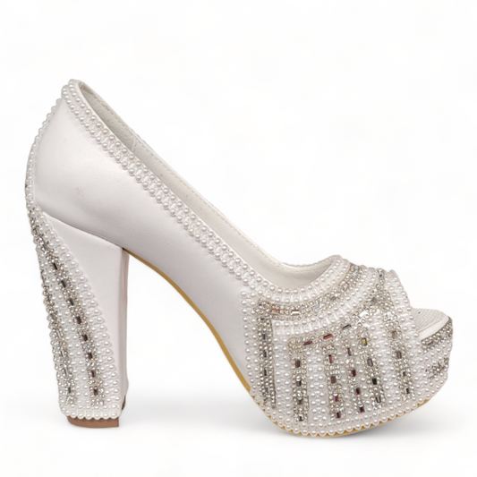 nikpa zohreh white bridal platform heels with pearl and crystal embellishments, featuring a block heel and peep toe.