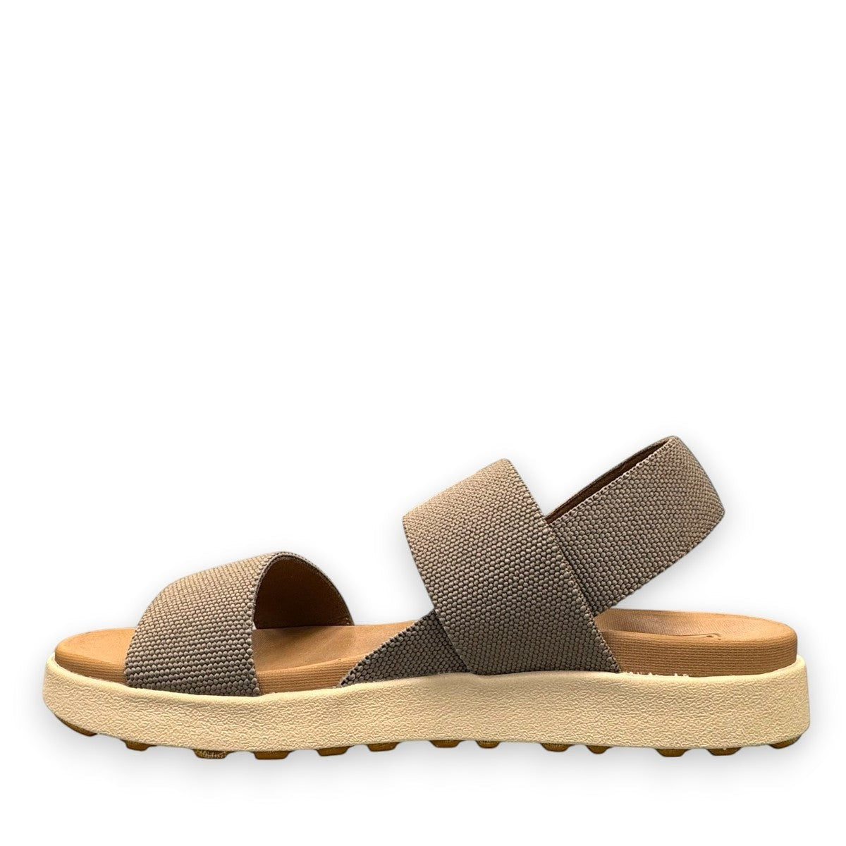 Sina Footwear women's Elle Backstrap sandal in brindle and birch. Features recycled PET plastic straps and a jute-infused outsole.