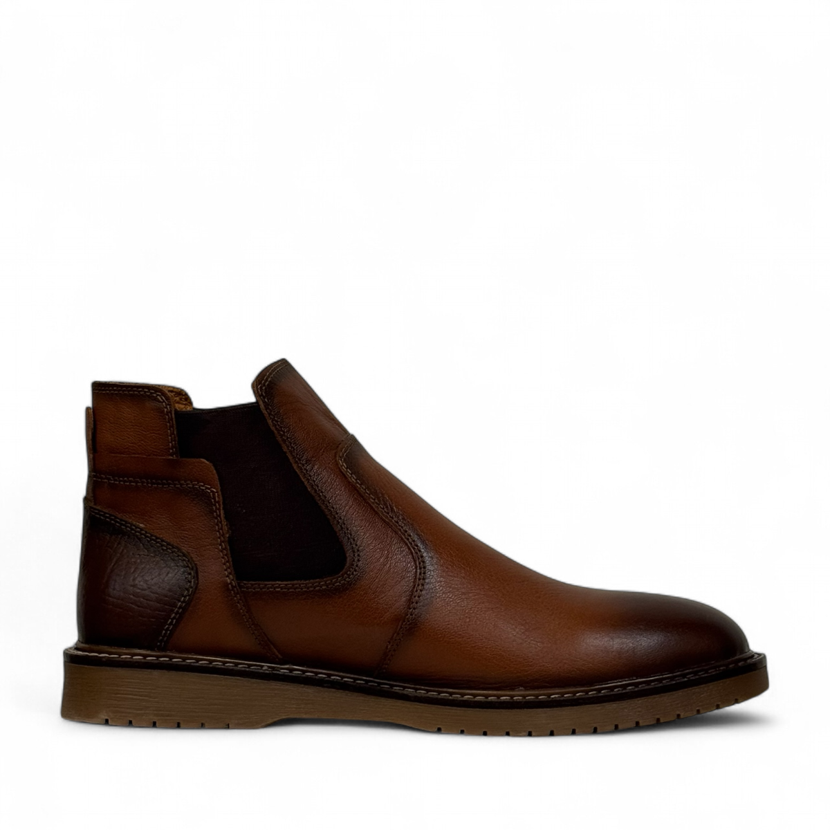 Sina Footwear Zagros brown leather boot with elastic side panels, handmade stitching, and rubber outsole. Photo of left side view.