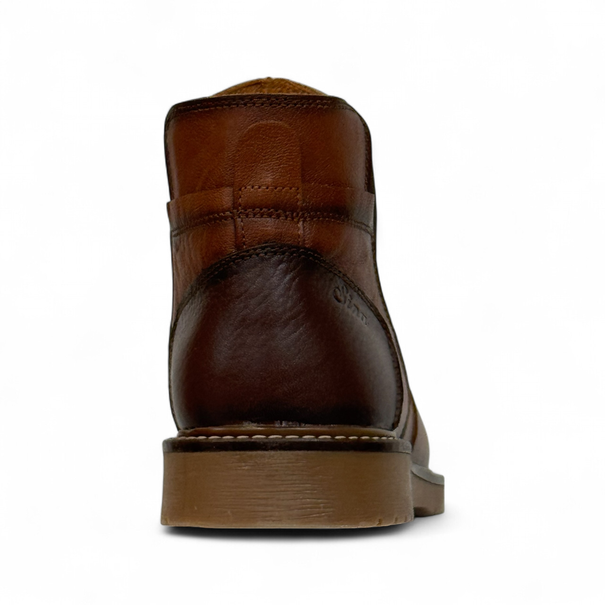 Sina Footwear Zagros brown leather boot with elastic side panels, handmade stitching, and rubber outsole. Photo of back view.