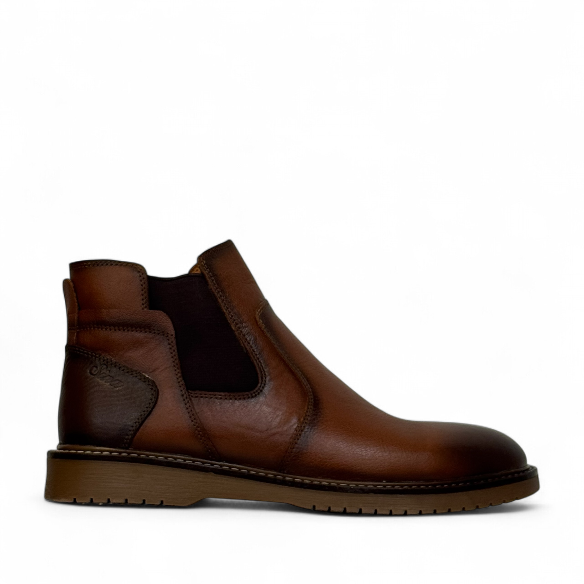 Sina Footwear Zagros brown leather boot with elastic side panels, handmade stitching, and rubber outsole. Photo of right side view.