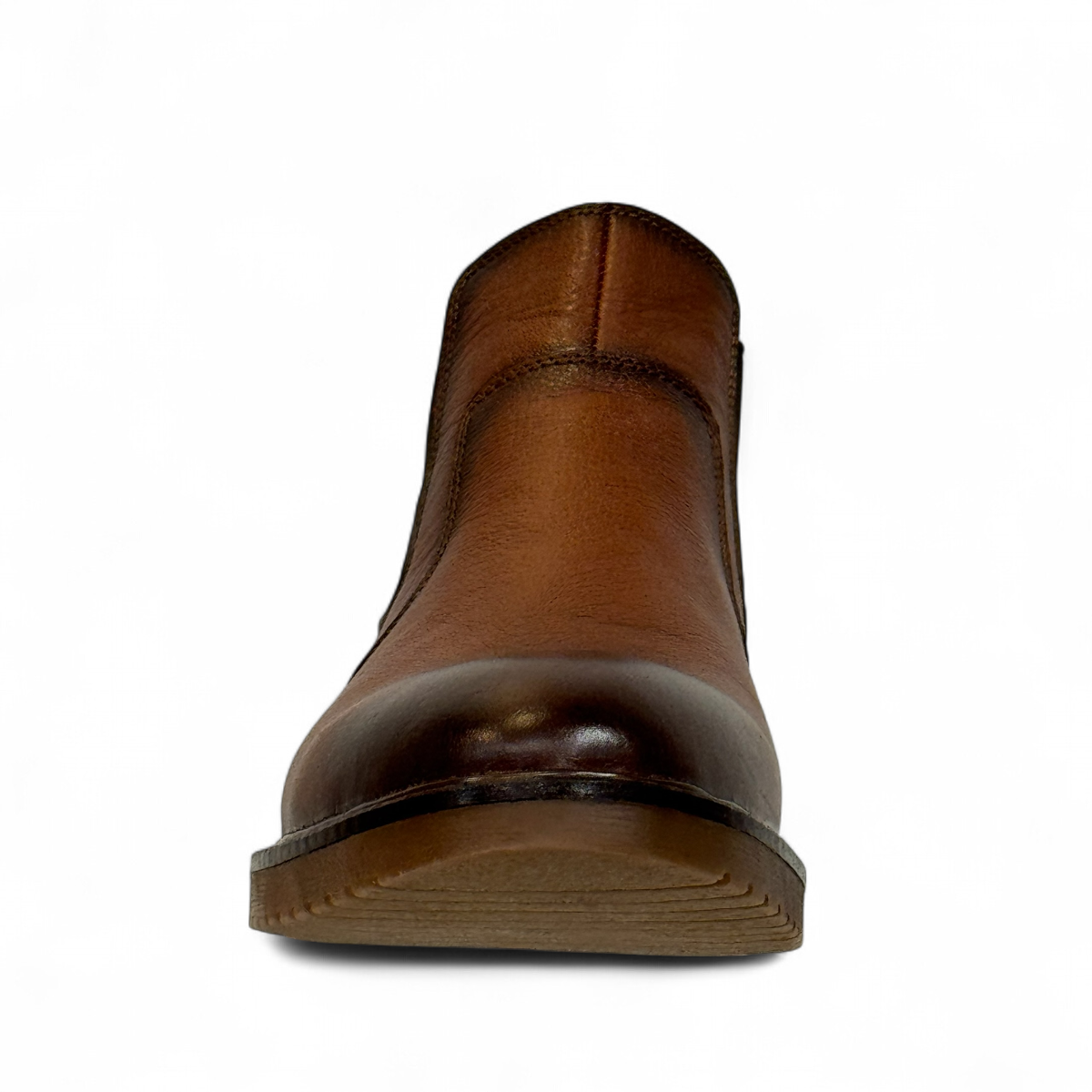 Sina Footwear Zagros brown leather boot with elastic side panels, handmade stitching, and rubber outsole. Photo of front view.