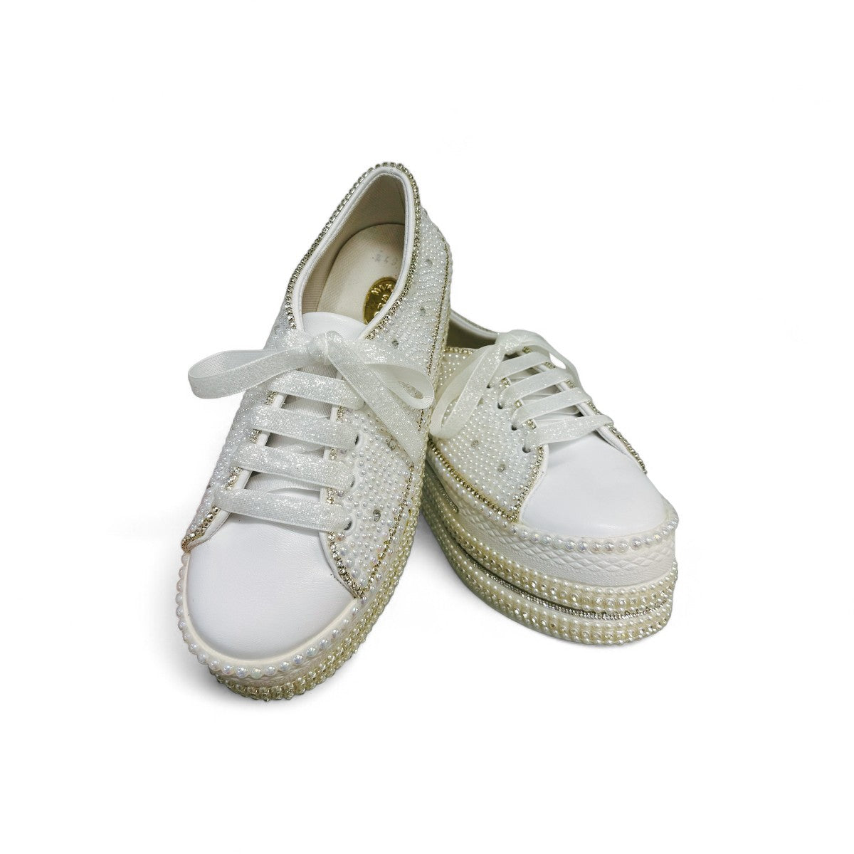 Nikpa Sofi white bridal platform sneaker with pearl and rhinestone embellishments on a thick sole