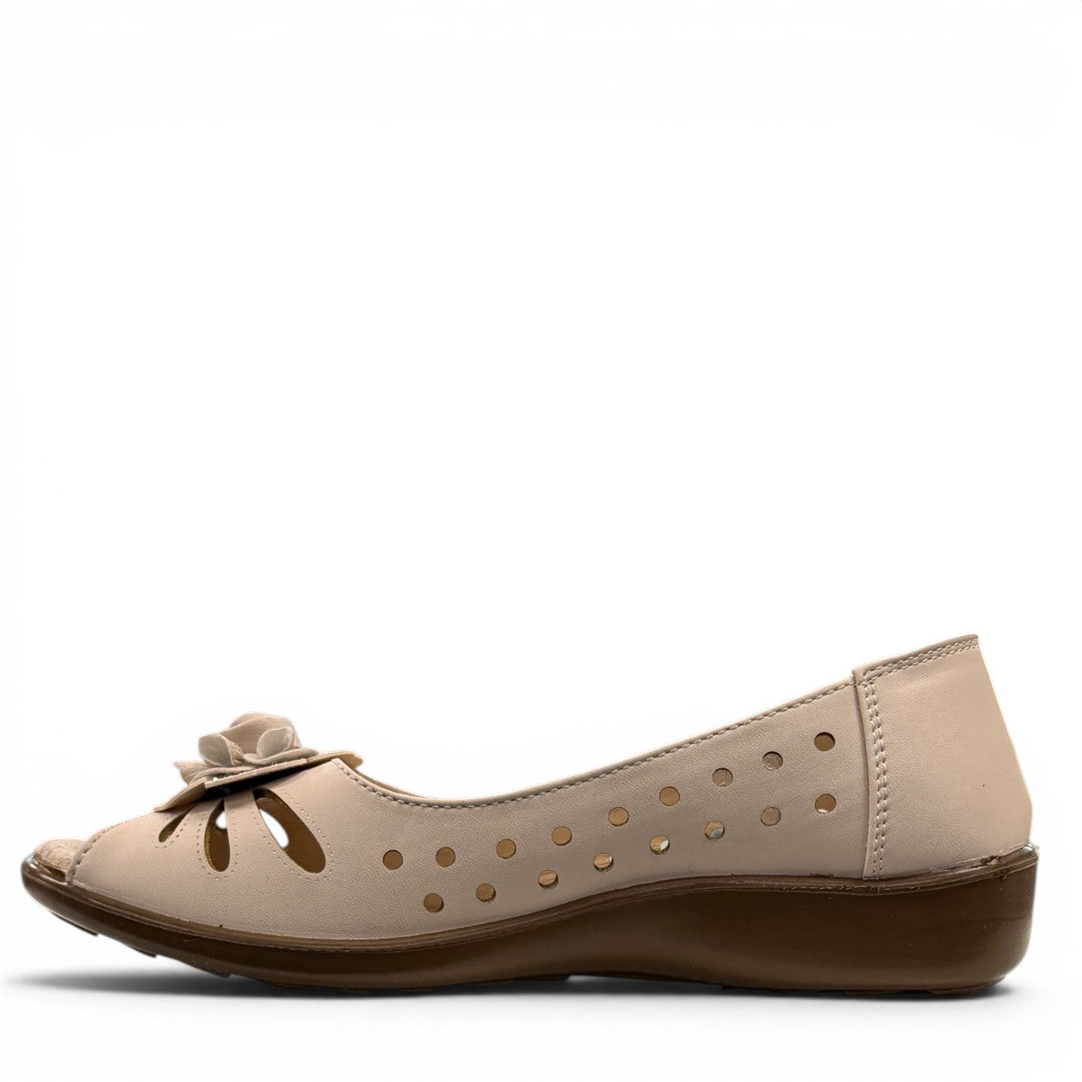 soflex-S230 beige peep-toe comfort flats with floral detail and breathable side perforations on a low wedge sole.
photo of the left side