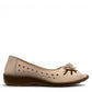 soflex-S230 beige peep-toe comfort flats with floral detail and breathable side perforations on a low wedge sole.
photo of the right side