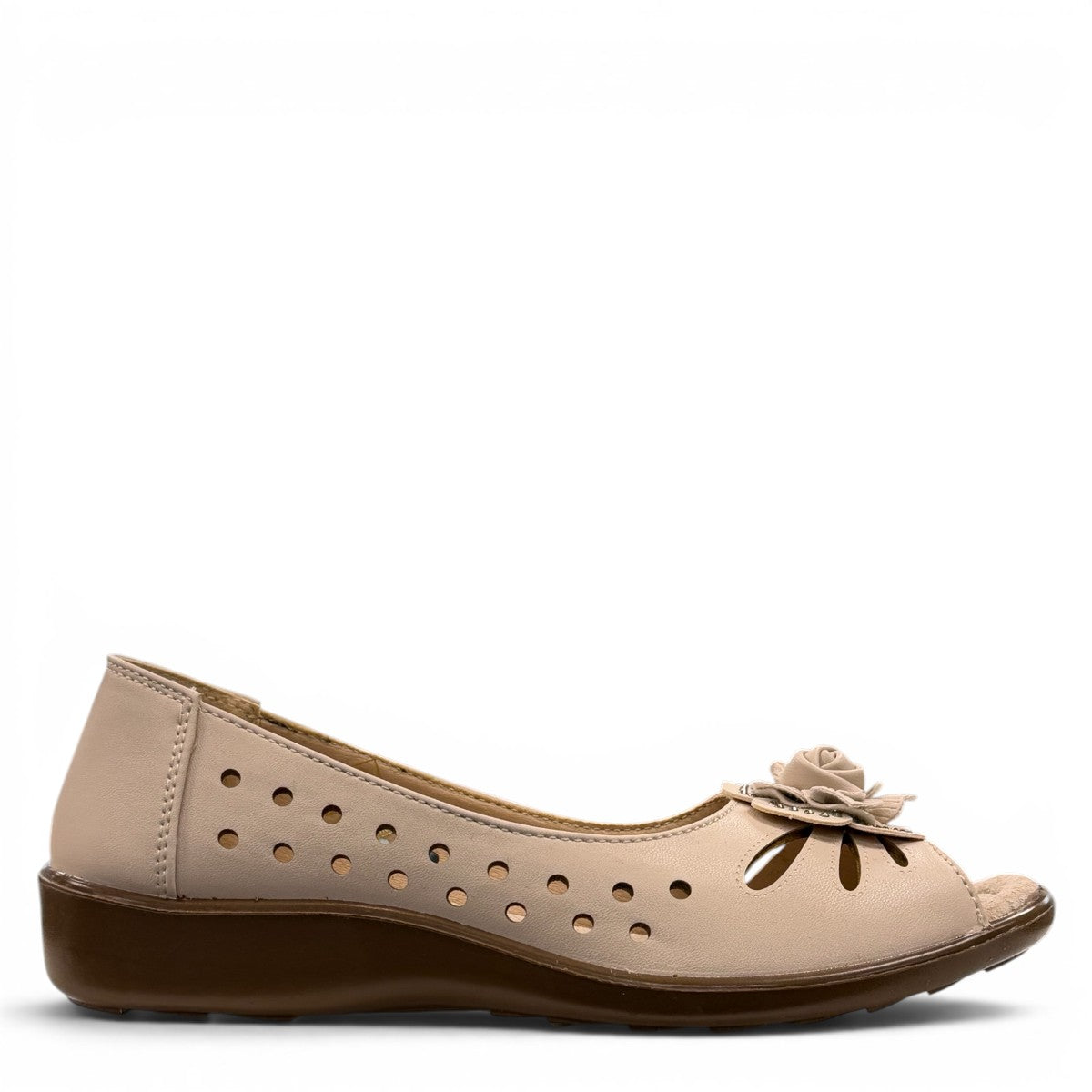 soflex-S230 beige peep-toe comfort flats with floral detail and breathable side perforations on a low wedge sole.
photo of the right side