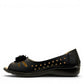 soflex-S230 black peep-toe comfort flats with floral detail, side perforations, and a flexible low-profile sole.
photo of the left side