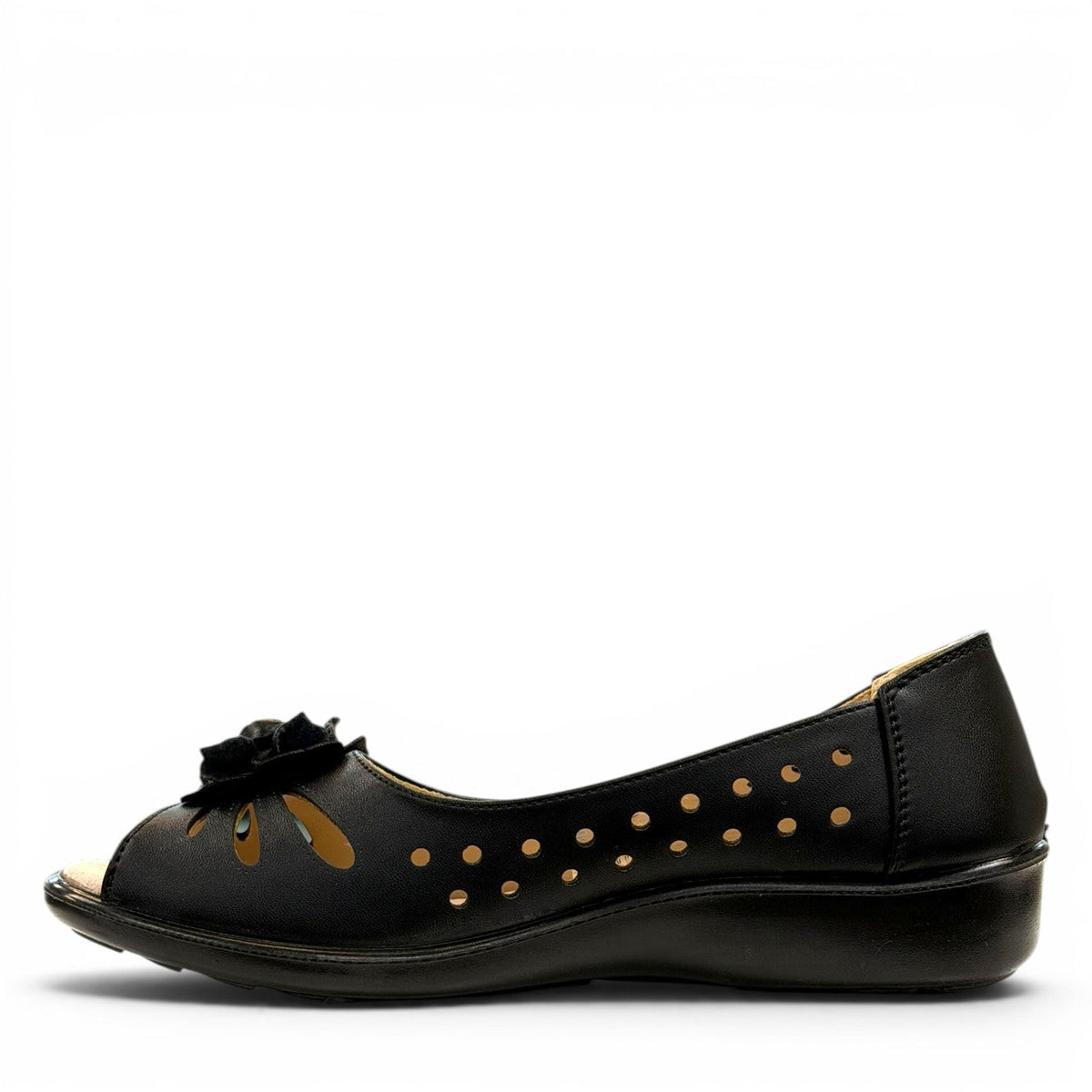 soflex-S230 black peep-toe comfort flats with floral detail, side perforations, and a flexible low-profile sole.
photo of the left side