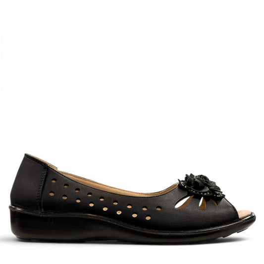 soflex-S230 black peep-toe comfort flats with floral detail, side perforations, and a flexible low-profile sole.
photo of the right side