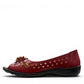soflex-S230 red peep-toe comfort flats with floral detail, side perforations, and a flexible low-profile sole.
photo of the left side
