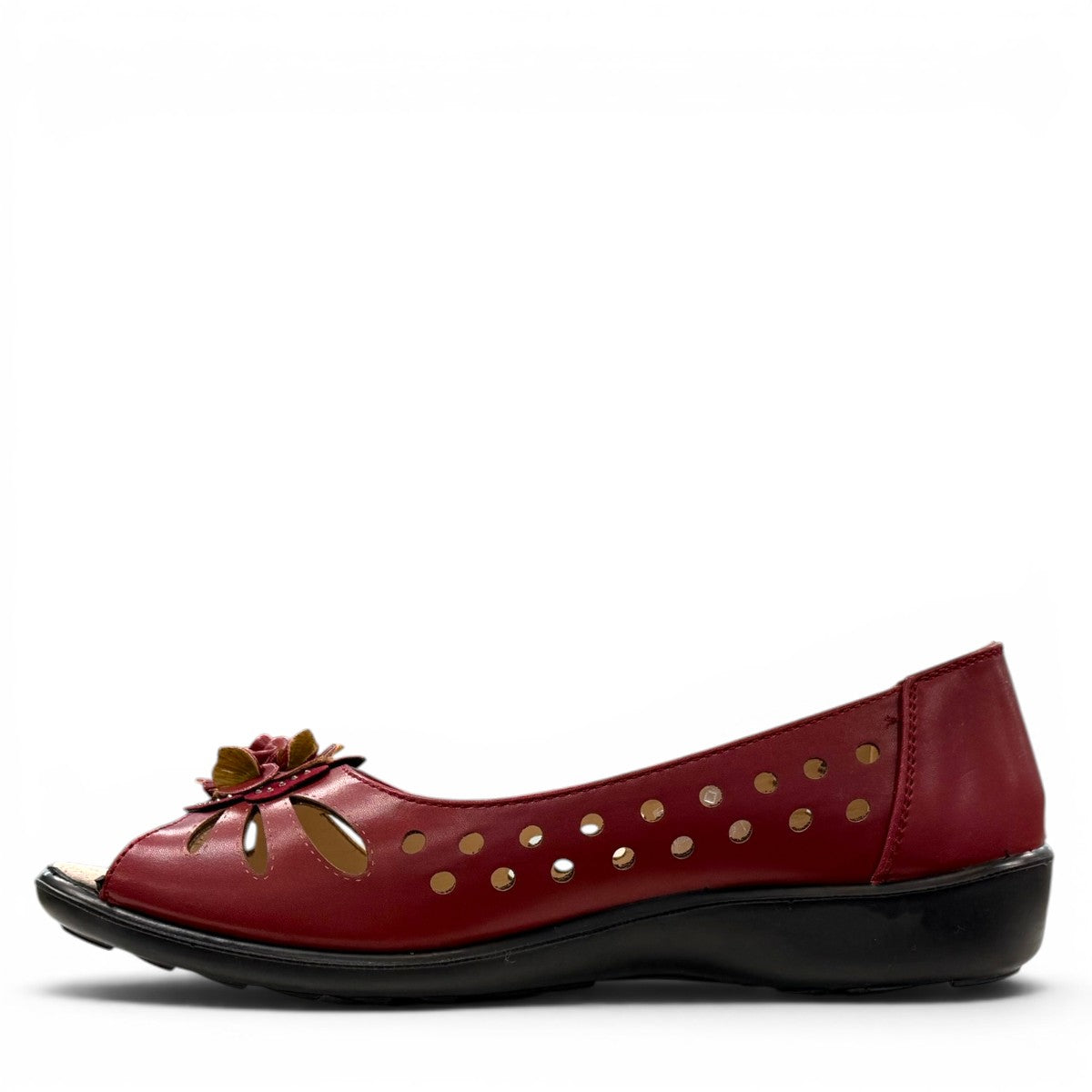 soflex-S230 red peep-toe comfort flats with floral detail, side perforations, and a flexible low-profile sole.
photo of the left side