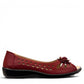 soflex-S230 red peep-toe comfort flats with floral detail, side perforations, and a flexible low-profile sole.
photo of the right side