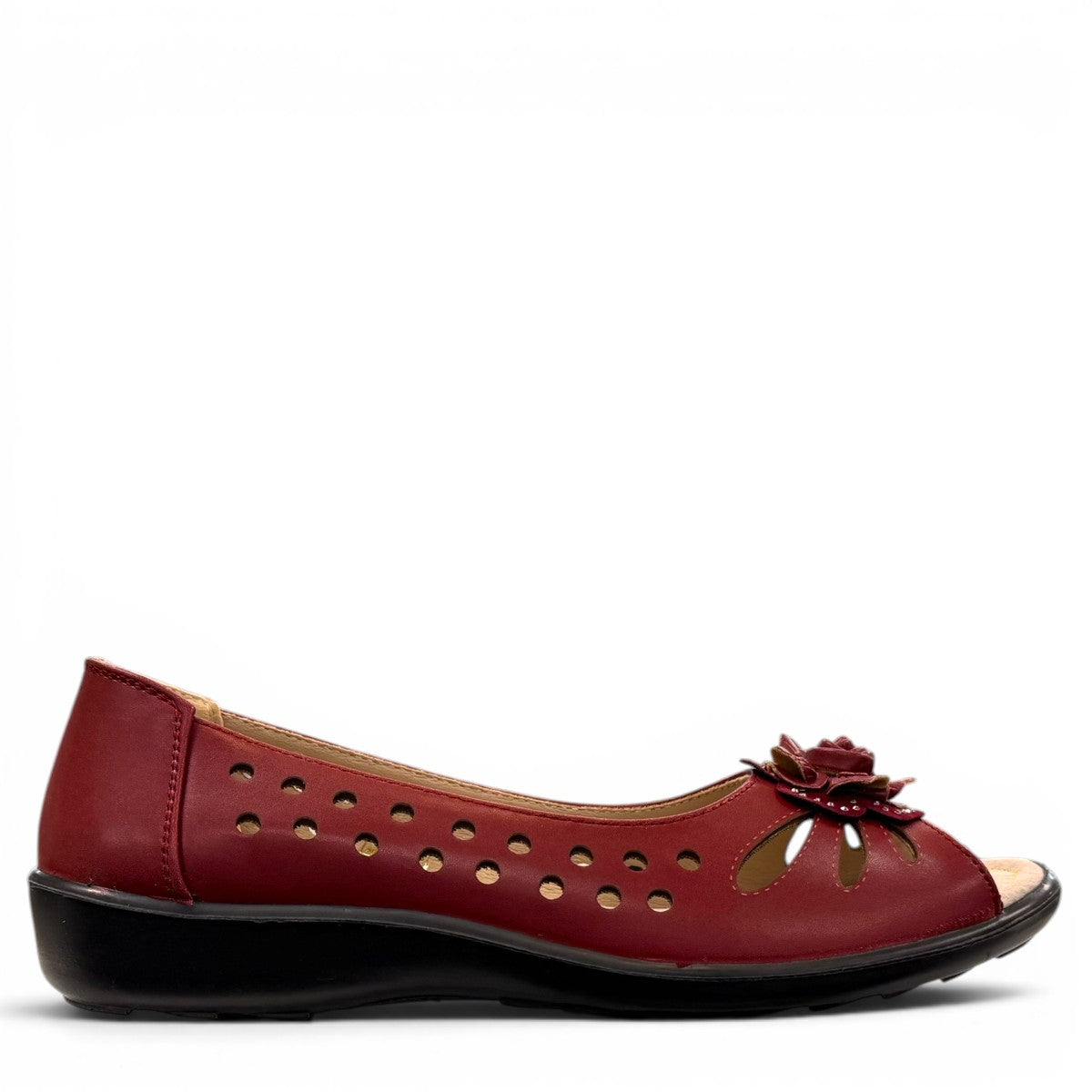soflex-S230 red peep-toe comfort flats with floral detail, side perforations, and a flexible low-profile sole.
photo of the right side