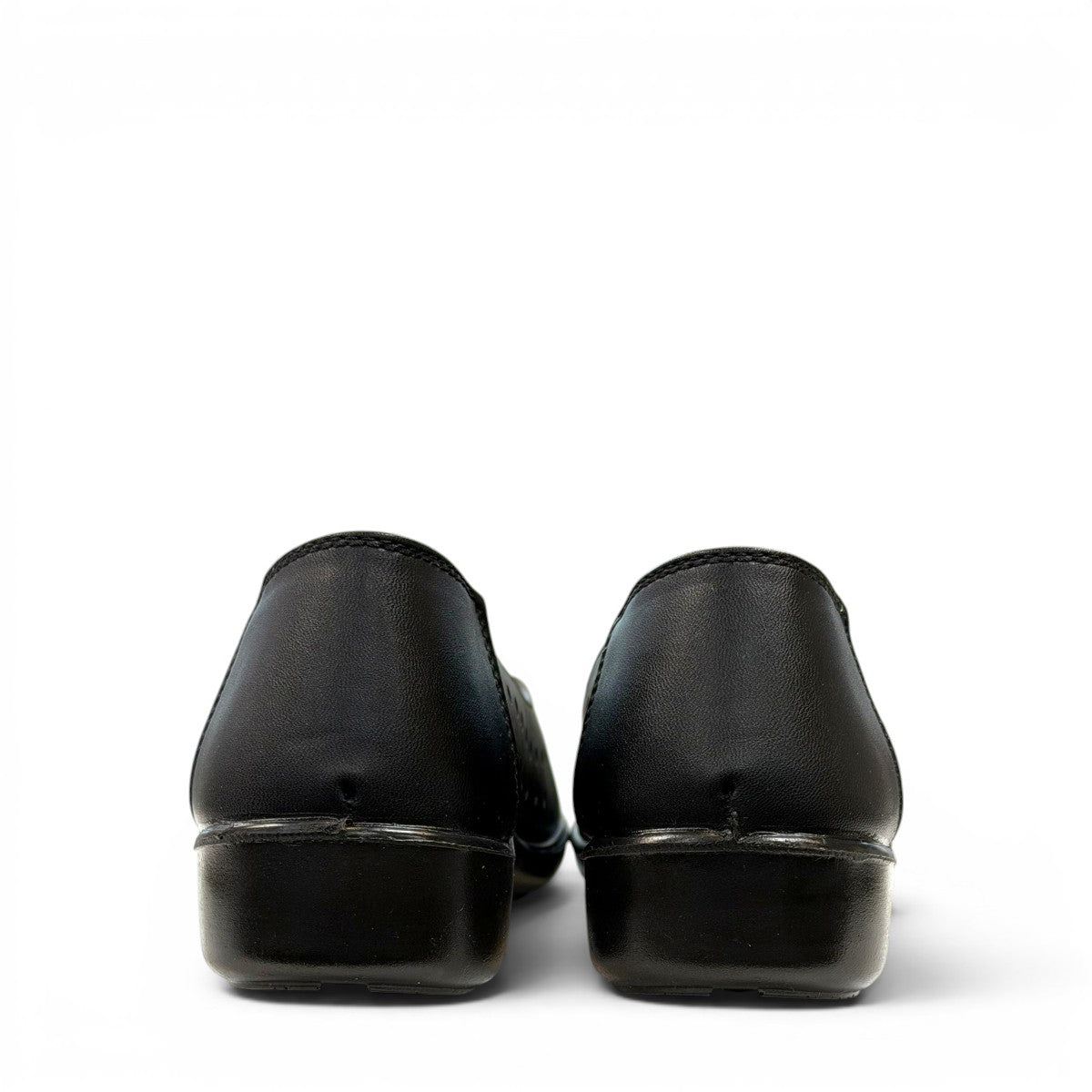 soflex-S230 black peep-toe comfort flats with floral detail, side perforations, and a flexible low-profile sole.
photo of the back side