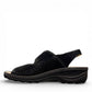 softline black leather Hedi wedge sandals with shiny finish, adjustable velcro straps, and decorative buckle.
photo of the left side