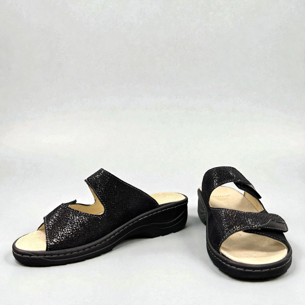 Softline Hedi black leather wedge sandals with adjustable straps and comfortable exchangeable footbed.
photo of the front side