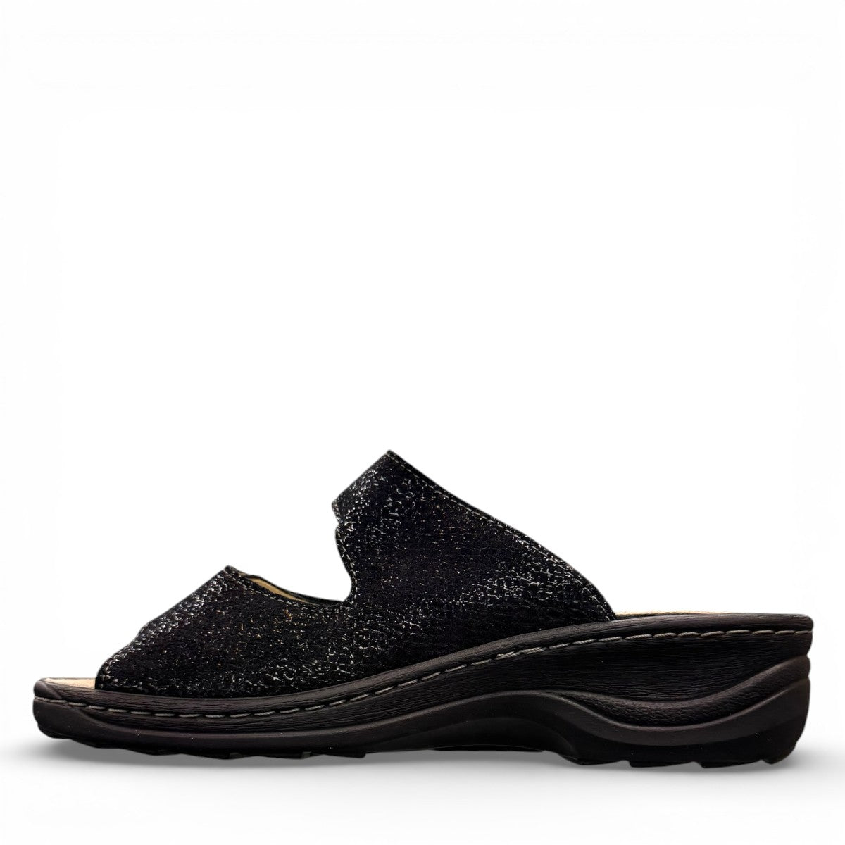 Softline Hedi black leather wedge sandals with adjustable straps and comfortable exchangeable footbed.
photo of the left side