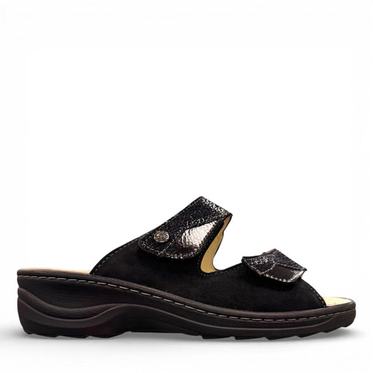 Softline Hedi black leather wedge sandals with adjustable straps and comfortable exchangeable footbed.
photo of the right side