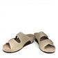 sole-flex-S1110 beige comfort slide sandals with adjustable straps, cut-out floral details, and a low wedge platform.
photo of the front side