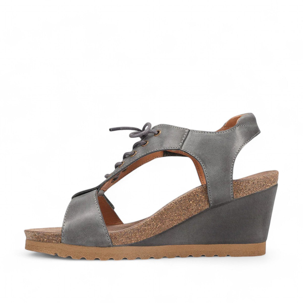 Taos Tie Wish steel grey leather wedge sandal with T-strap, lace-up detail, and cork-style midsole. Photo of inside side view.