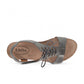 Taos Tie Wish steel grey leather wedge sandal with T-strap, lace-up detail, and cork-style midsole. Photo of upper view.