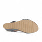 Taos Tie Wish steel grey leather wedge sandal with T-strap, lace-up detail, and cork-style midsole. Photo of bottom view.