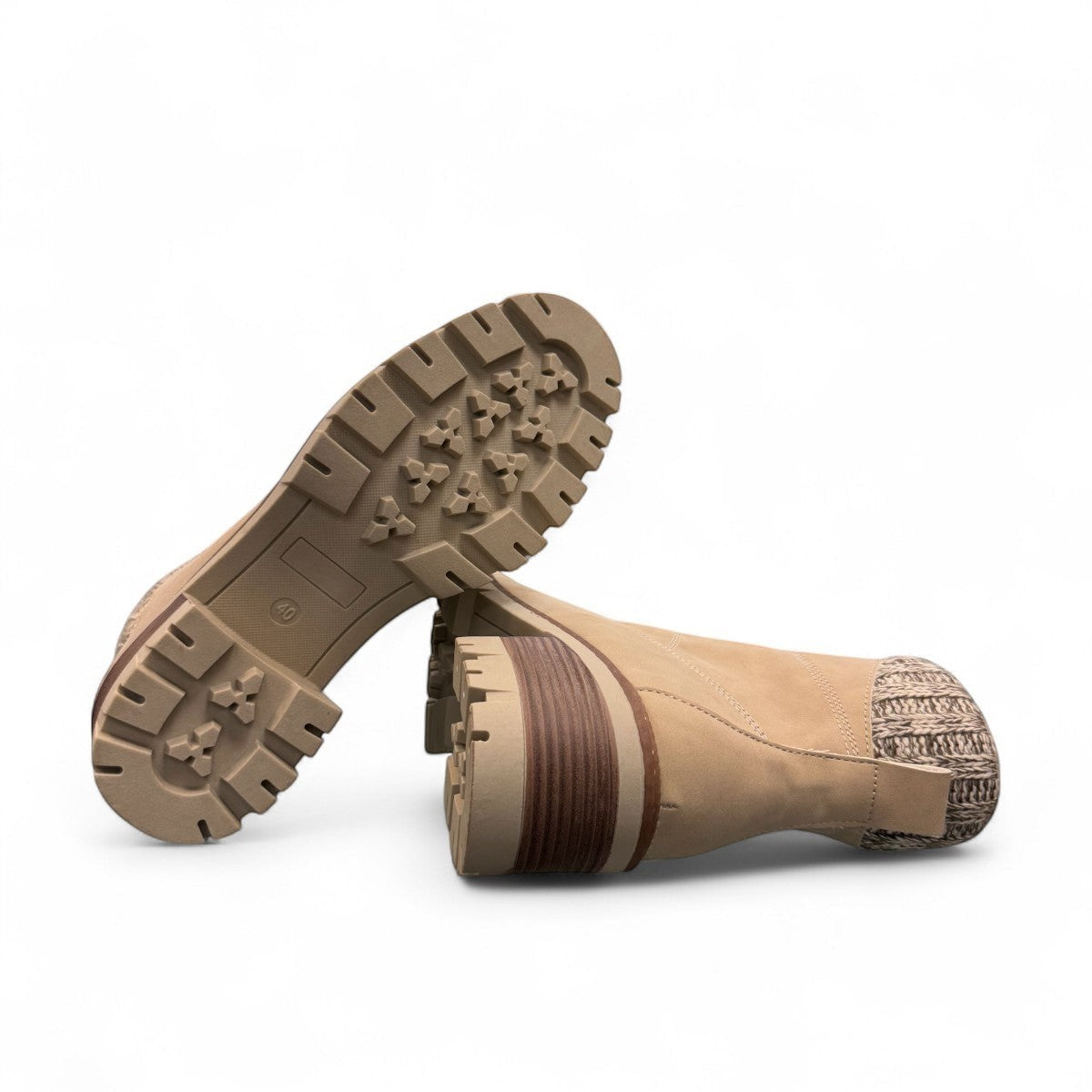 stefania F700 beige synthetic lace-up boot with a knitted cuff, side zip, and chunky block heel.
photo of the bottom side