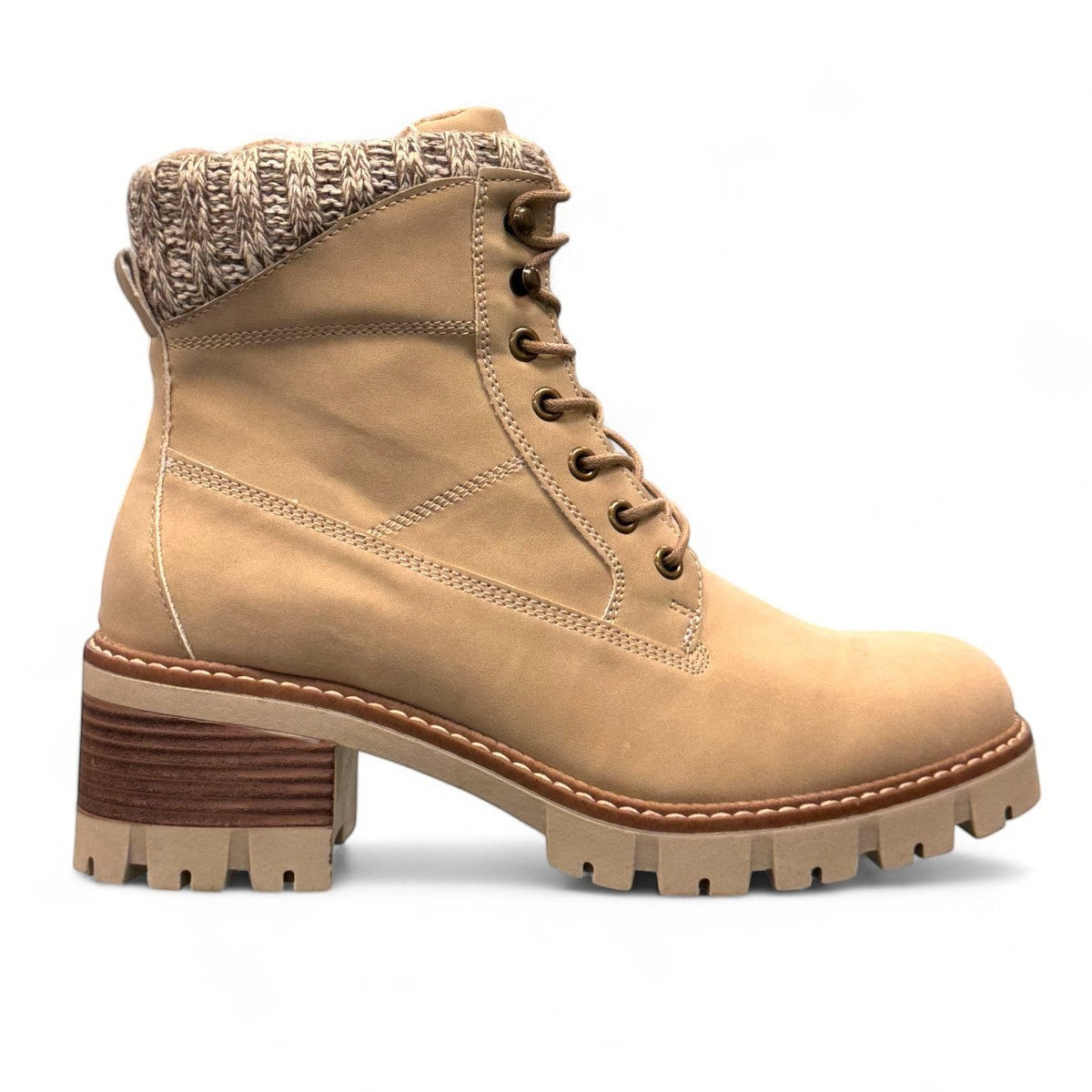 stefania F700 beige synthetic lace-up boot with a knitted cuff, side zip, and chunky block heel.
photo of the right side