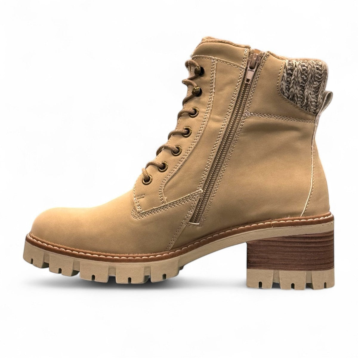 stefania F700 beige synthetic lace-up boot with a knitte  cuff, side zip, and chunky block heel.
photo of the left side