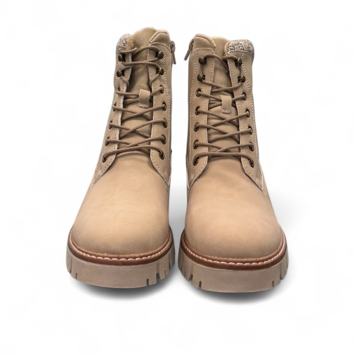 stefania F700 beige synthetic lace-up boot with a knitted cuff, side zip, and chunky block heel.
photo of the front side