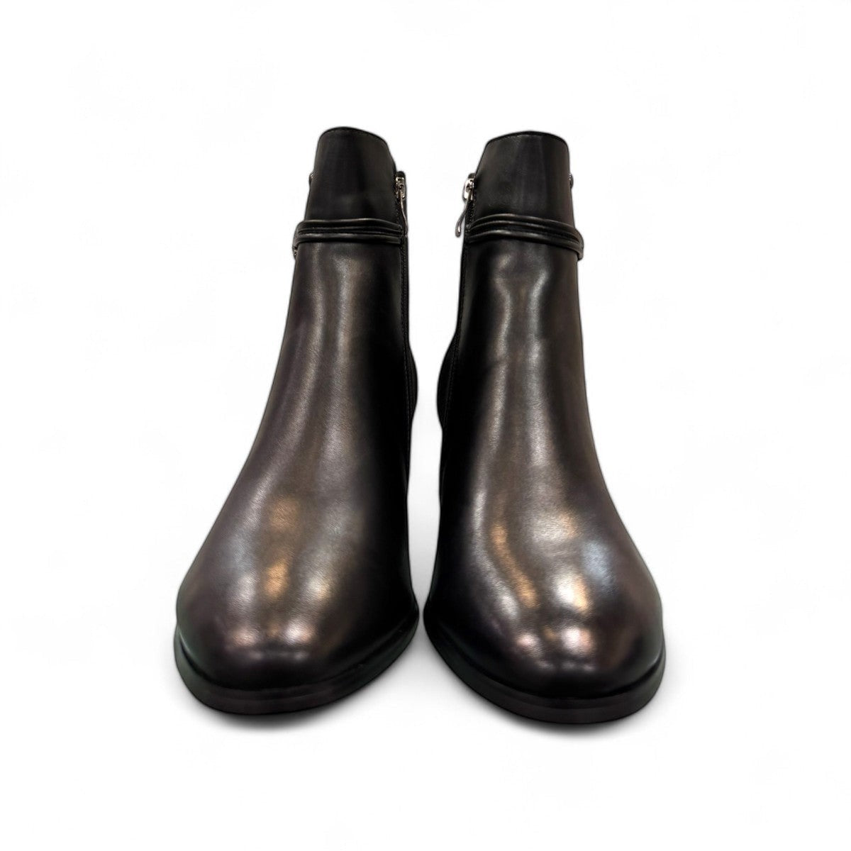 stefania F7001 black vegan leather dress booties with a block heel, fur lining, and decorative side button detail.
photo of the front side