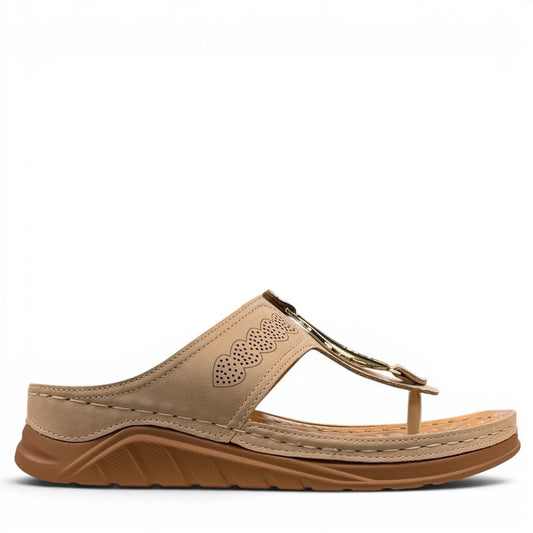 stefania S20211 beige vegan leather toe thong sandal with decorative buckle and cushioned sole for summer comfort.
photo of the right side
