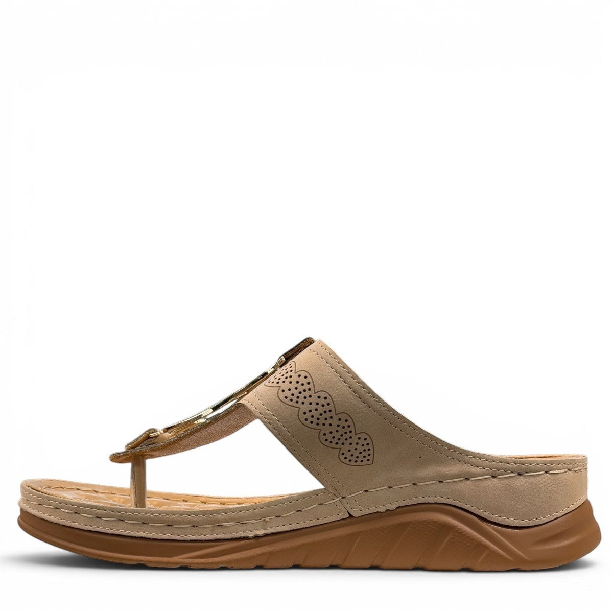 stefania S20211 beige vegan leather toe thong sandal with decorative buckle and cushioned sole for summer comfort.
photo of the left side