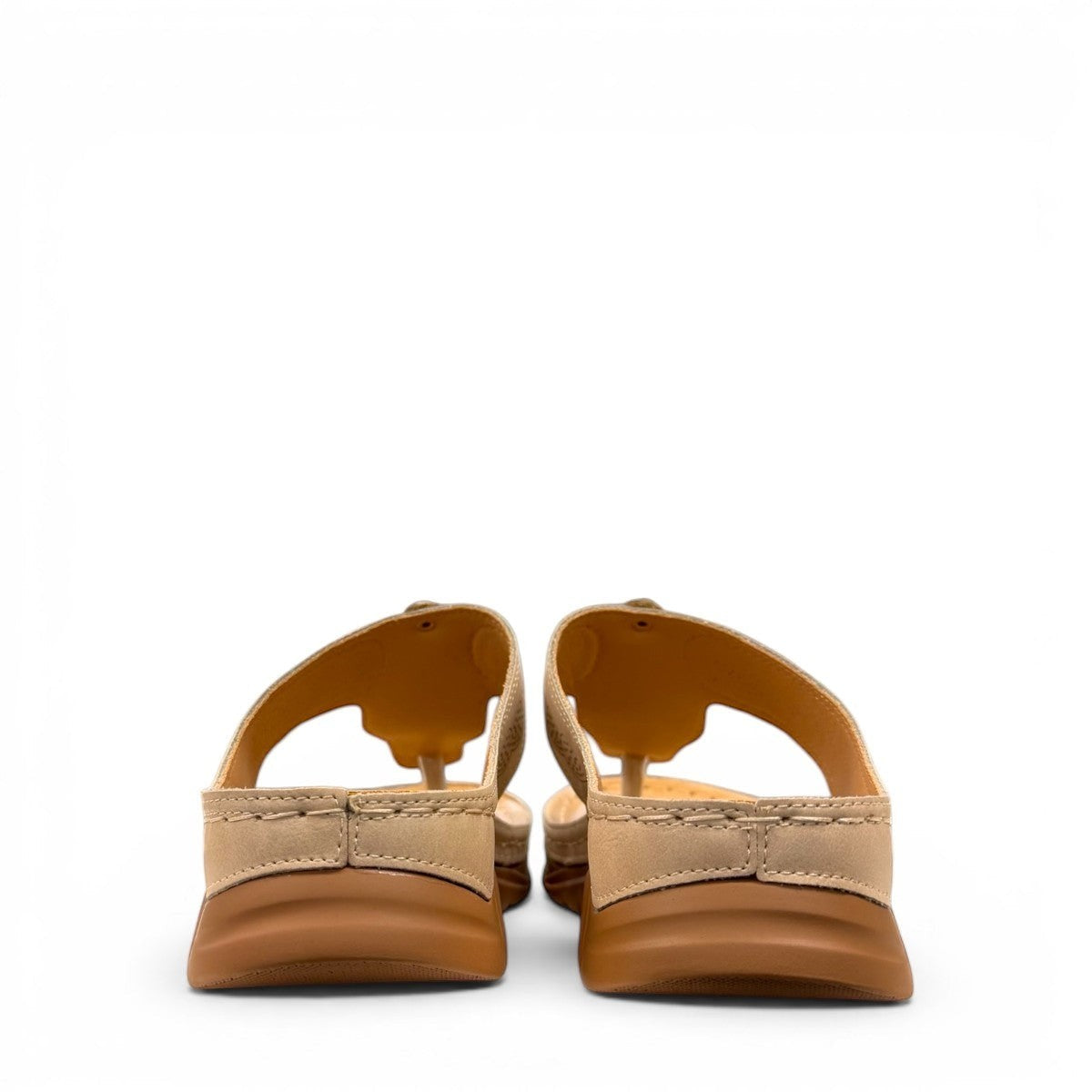 stefania S20211 beige vegan leather toe thong sandal with decorative buckle and cushioned sole for summer comfort.
photo of the back side