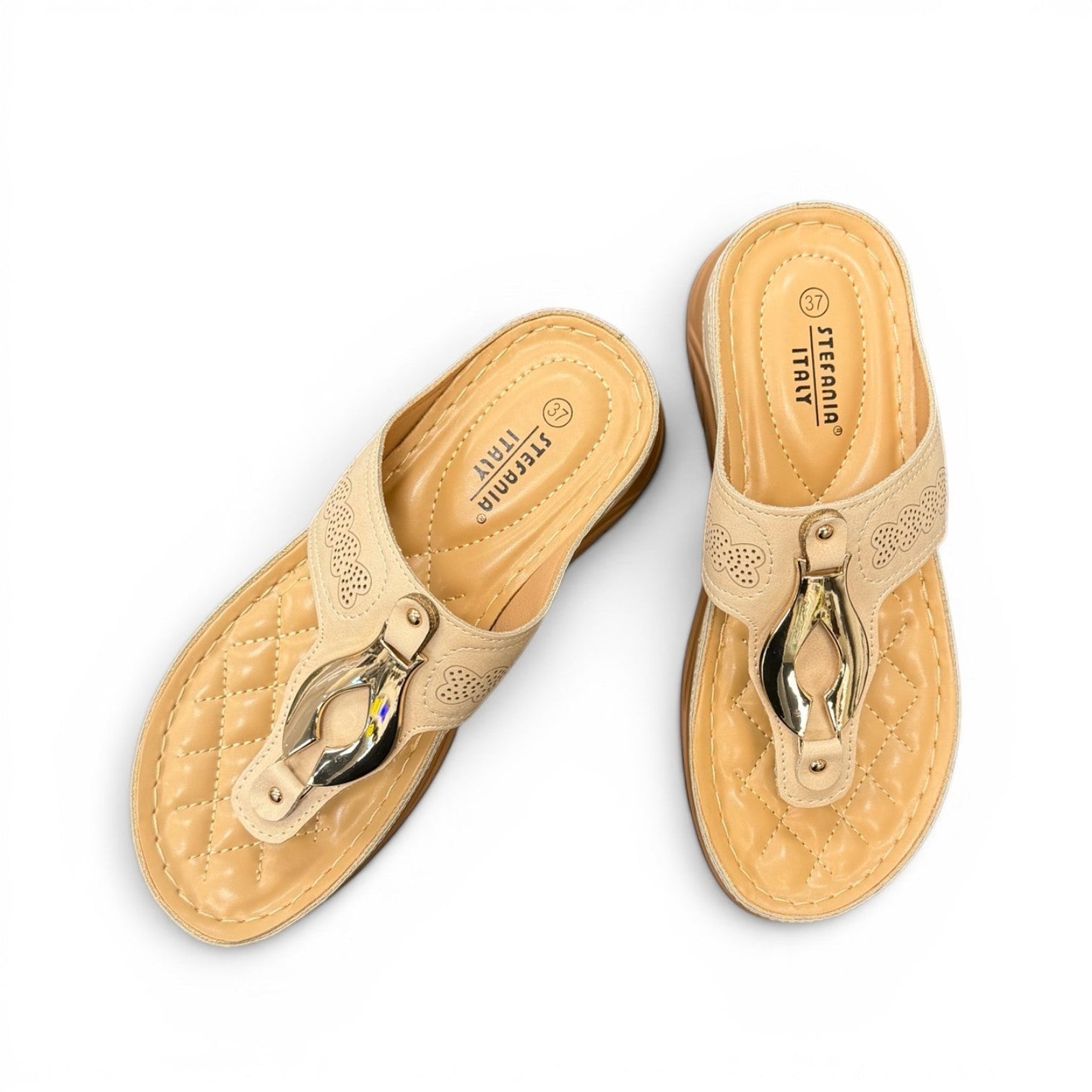 stefania S20211 beige vegan leather toe thong sandal with decorative buckle and cushioned sole for summer comfort.
photo of the top side