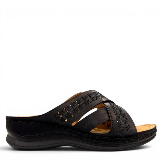 stefania S20215 black vegan leather slide sandals with floral embroidery and a comfortable padded insole.
photo of the right side