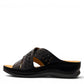 stefania S20215 black vegan leather slide sandals with floral embroidery and a comfortable padded insole.
photo of the left side