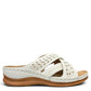 stefania S20215 white vegan leather slide sandals with floral cut-out details and a comfortable brown wedge sole.
 photo of the right side