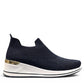 stefania S4000 navy blue slip-on knit platform sneakers with decorative shimmer and white wedge sole.
photo of the right side