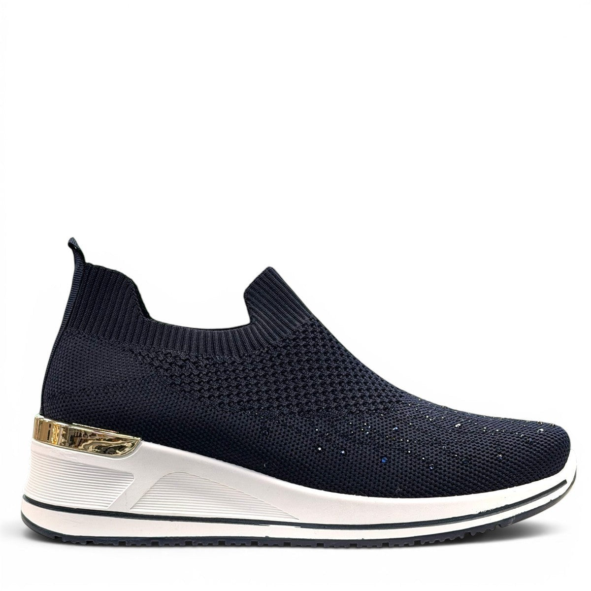 stefania S4000 navy blue slip-on knit platform sneakers with decorative shimmer and white wedge sole.
photo of the right side