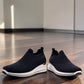 stefania S4000 navy blue slip-on knit platform sneakers with decorative shimmer and white wedge sole.
photo of the front side