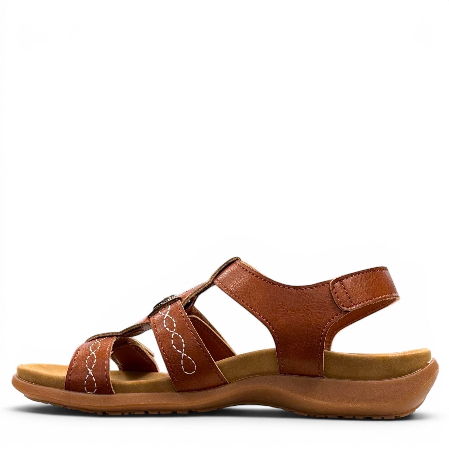 stefania S5028 brown triple-strap comfort sandals with adjustable hook-and-loop closures and decorative stitching.
photo of the left side