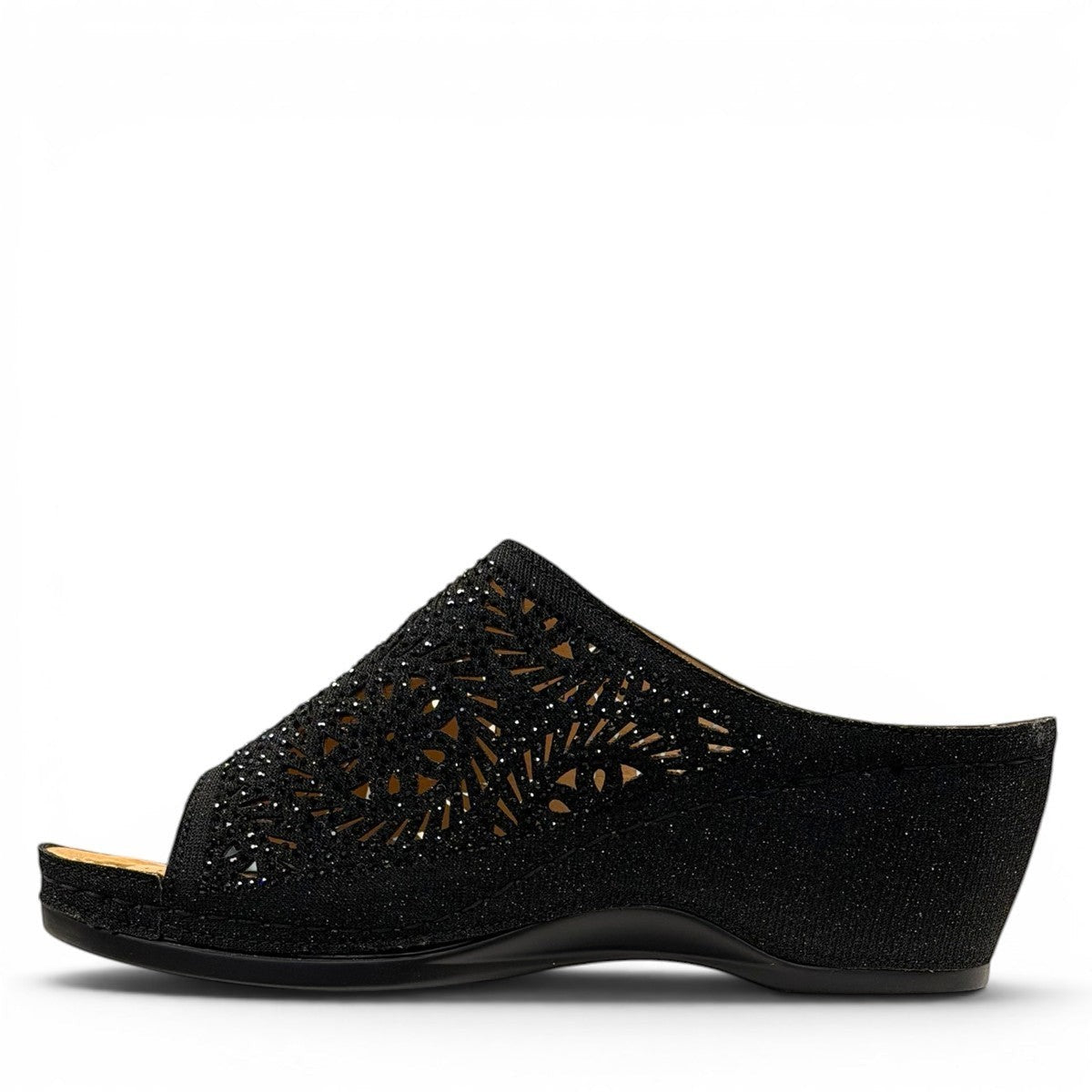 stefania S5036 black sparkle wedge sandals with elegant laser-cut detailing and a comfortable cushioned footbed.
photo of the left side