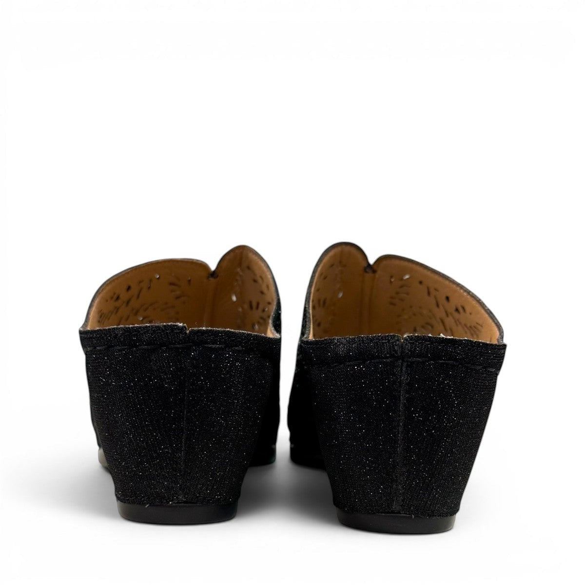 stefania S5036 black sparkle wedge sandals with elegant laser-cut detailing and a comfortable cushioned footbed.
photo of the back side